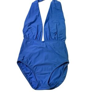 Tara Grinna Solid Cornflower Blue One Piece Plunge Neck Halter Neck Swimsuit 4